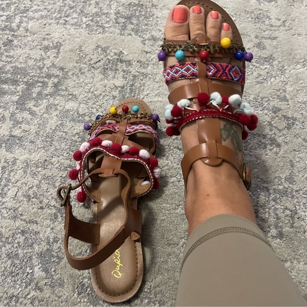 Qupid Embellished Leather Sandals Brown with Colorful Beading Boho Peasant Sz 7